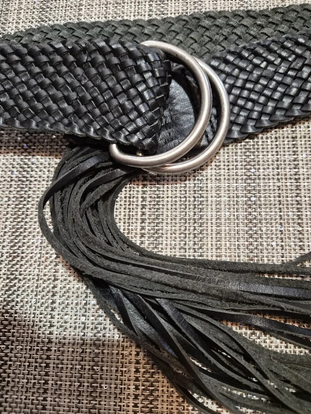 Ladies Genuine Black Leather Long Fringe Belt, Adjustable Size, Stainless Buckle